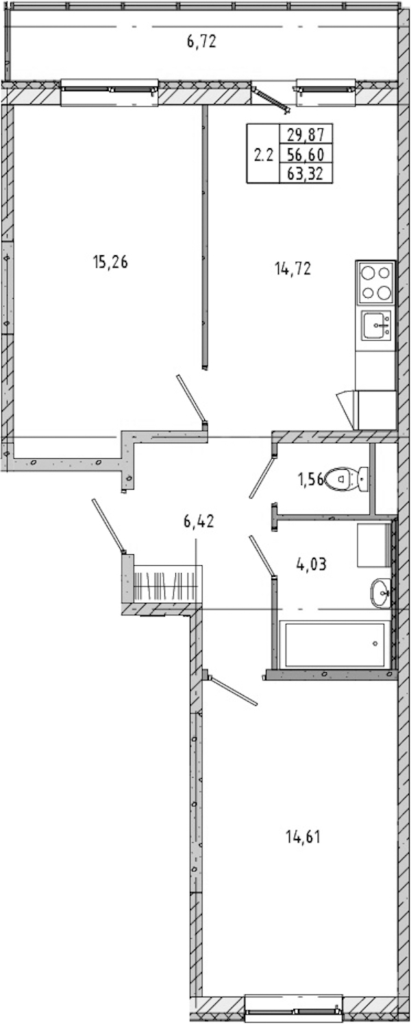 2-комнатная квартира 58.35 м², 16/17 эт., ЖК «Новые горизонты 2»